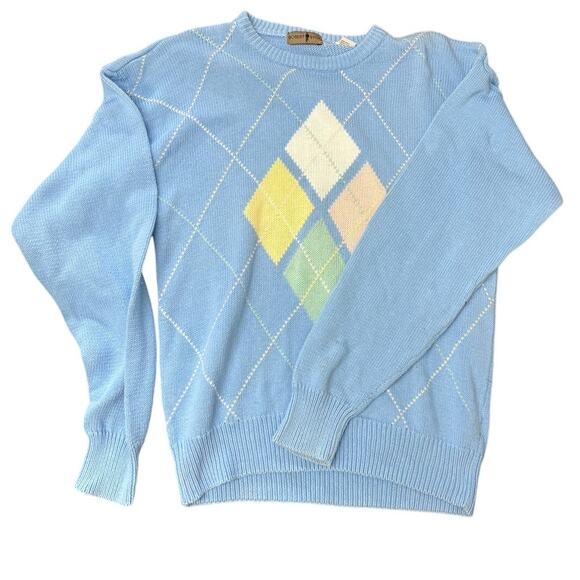 🩵 Vintage Pastel Argyle 100% Cotton Knit Sweater Pullover L Malaysia Blue Golf - Picture 1 of 5